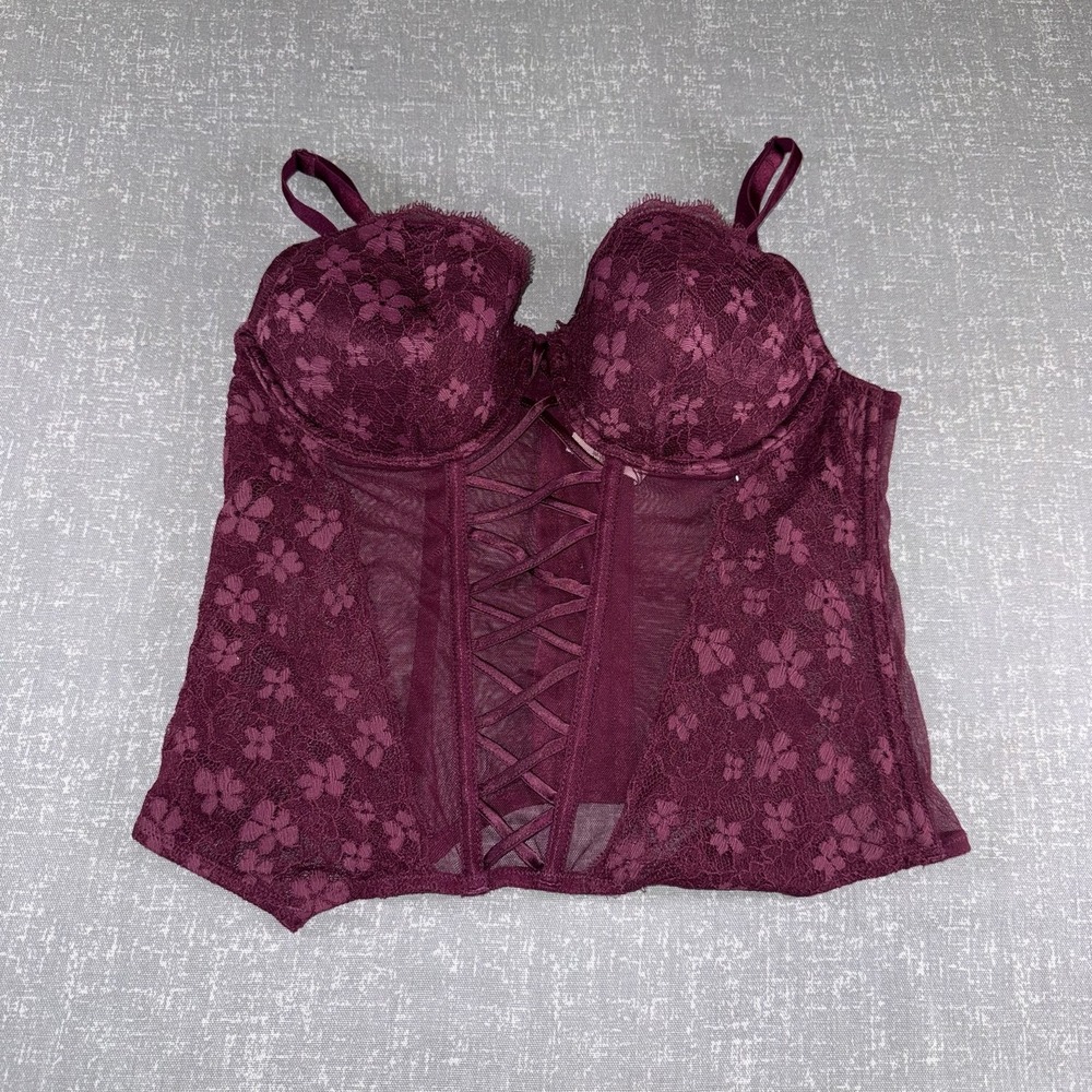 Victorias Secret Bustier Womens XL Purple Lace Floral Boned Corset Top